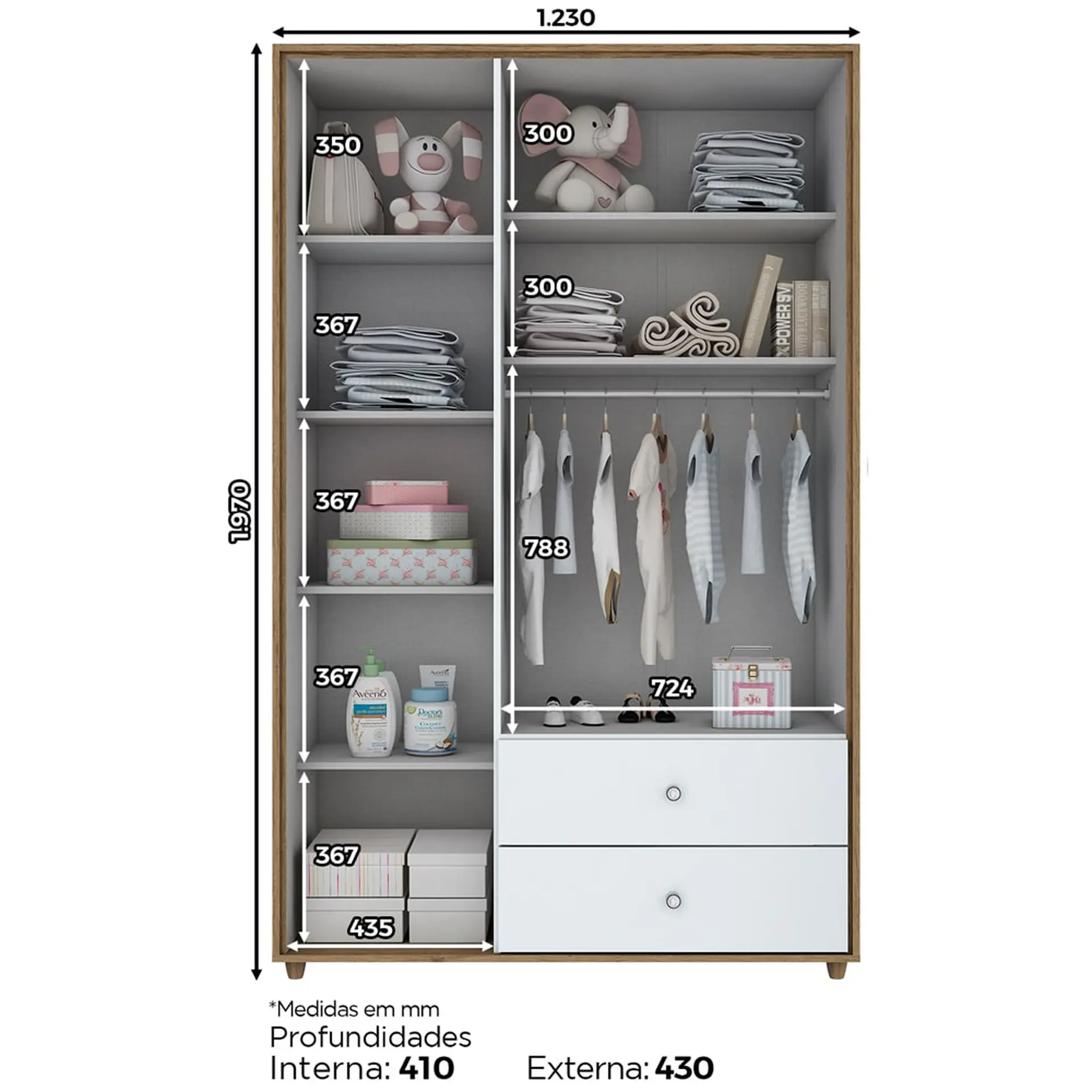 Quarto de Bebê Completo Berço Cômoda + Guarda-Roupa Pão de Mel Henn - Rustico/Branco