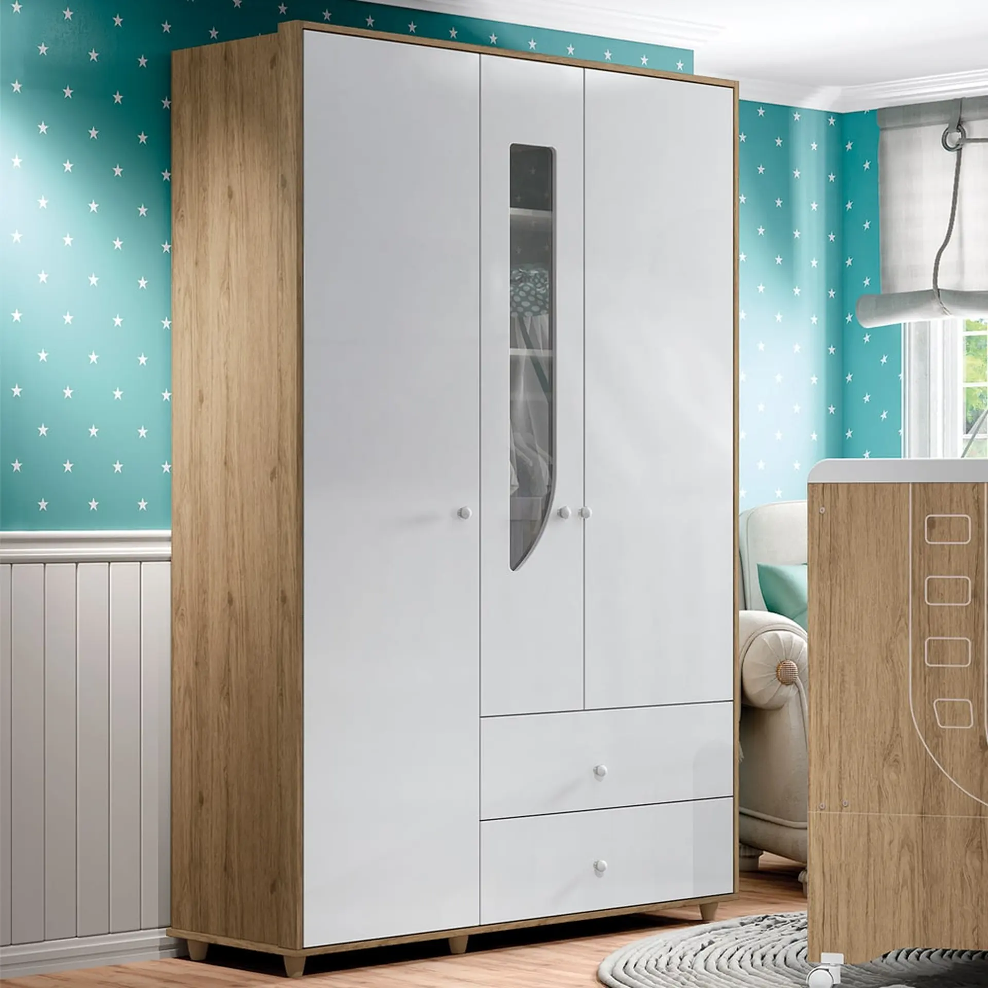 Quarto de Bebê Completo Berço Cômoda + Guarda-Roupa Pão de Mel Henn - Rustico/Branco