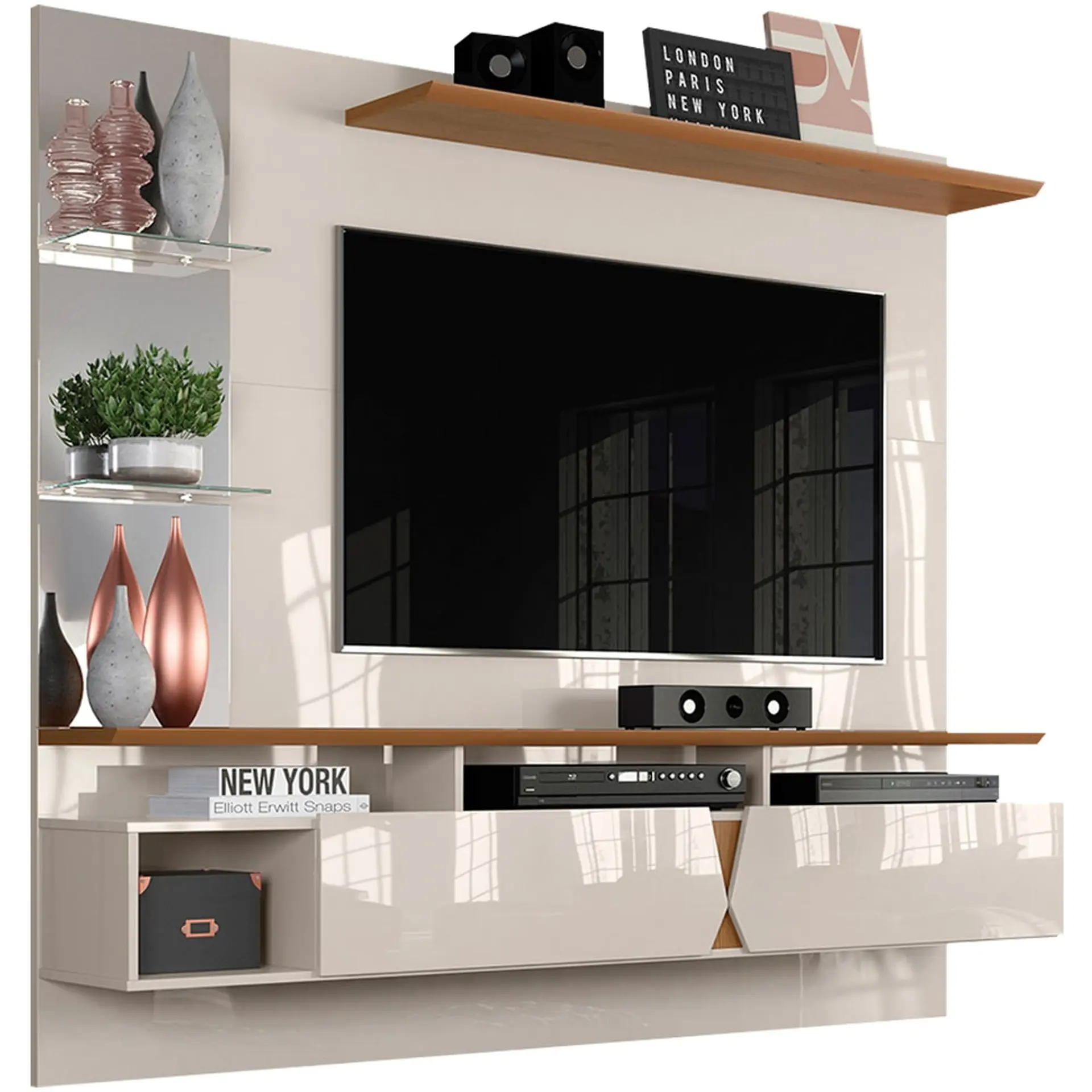 Painel para TV até 55" com Espelho e Prateleiras Intense Lukaliam - Off White/Damasco