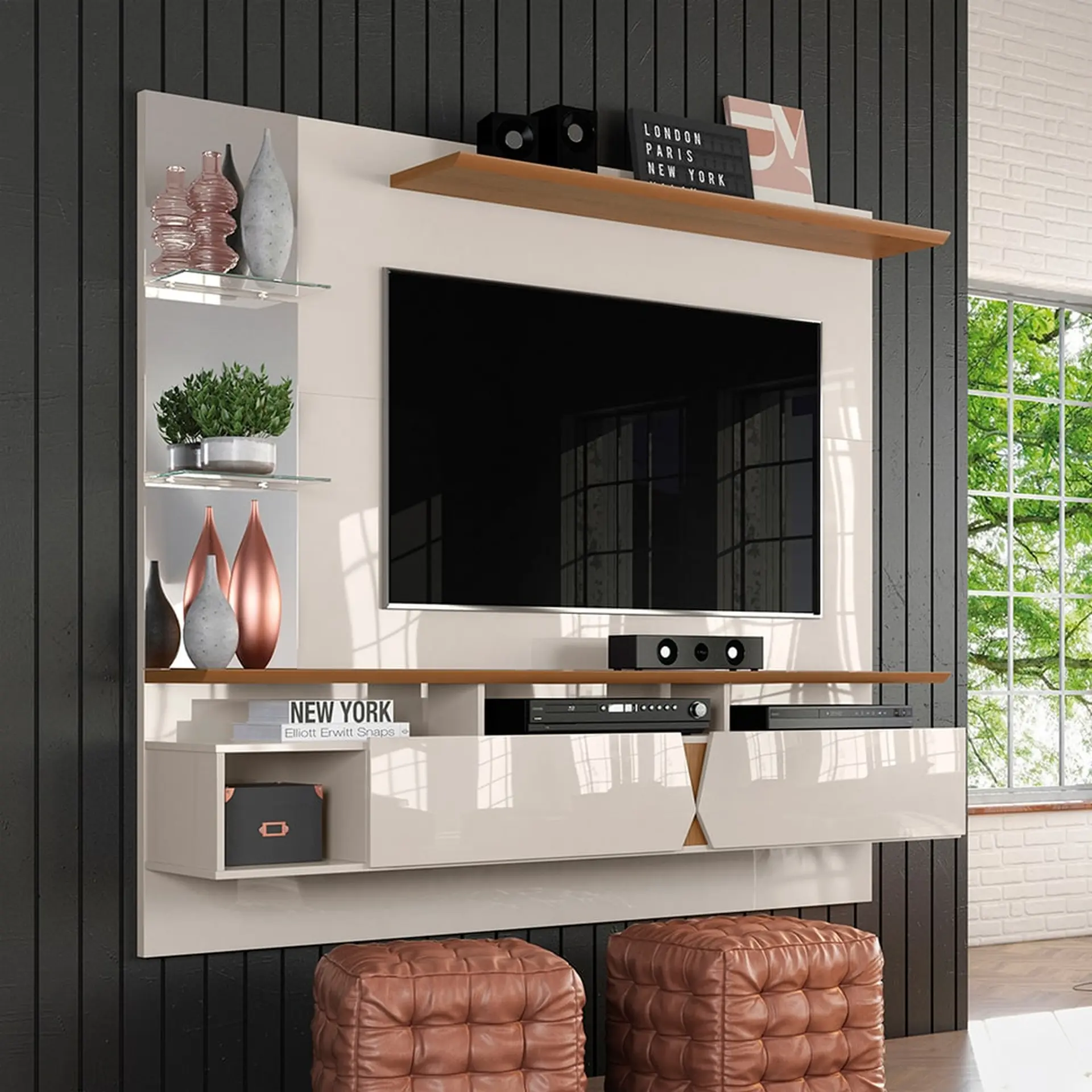 Painel para TV até 55" com Espelho e Prateleiras Intense Lukaliam - Off White/Damasco