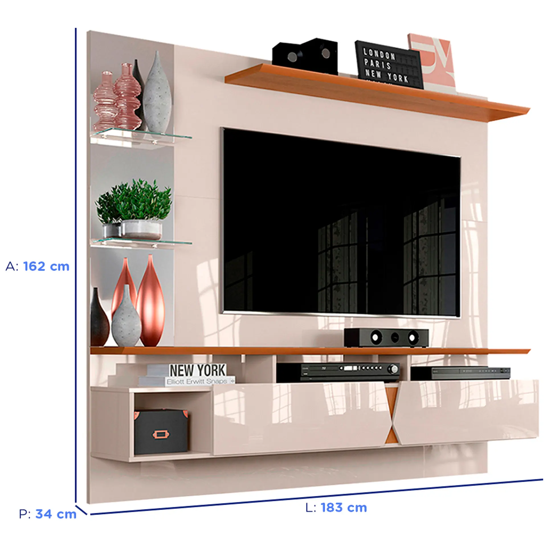 Painel para TV até 55" com Espelho e Prateleiras Intense Lukaliam - Off White/Damasco
