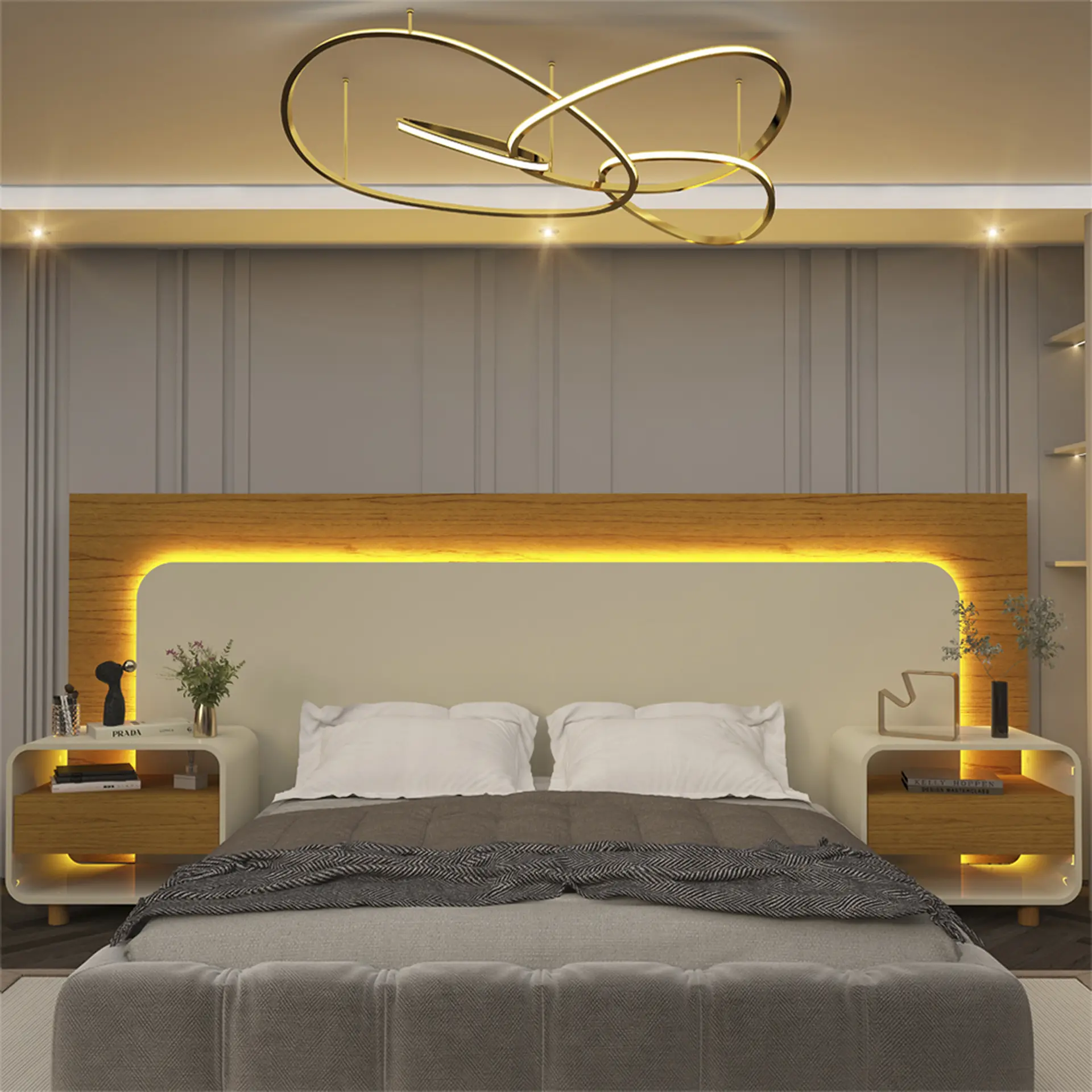 Cabeceira Casal Extensível até 195cm Com Mesa De Cabeceira Innova Gelius - Naturale/Off White