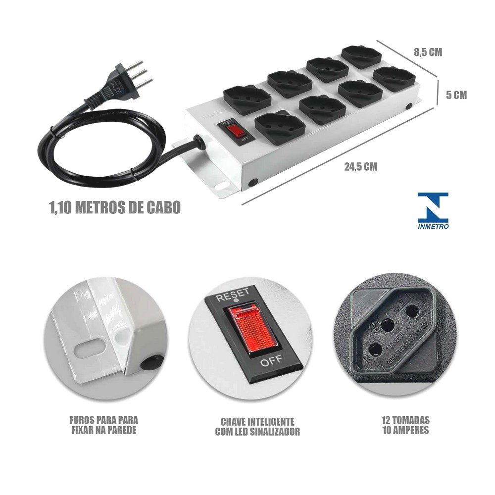 Filtro de Linha Ipec 8 Tomadas 3 Pinos 10A 1,10m Branco A2265