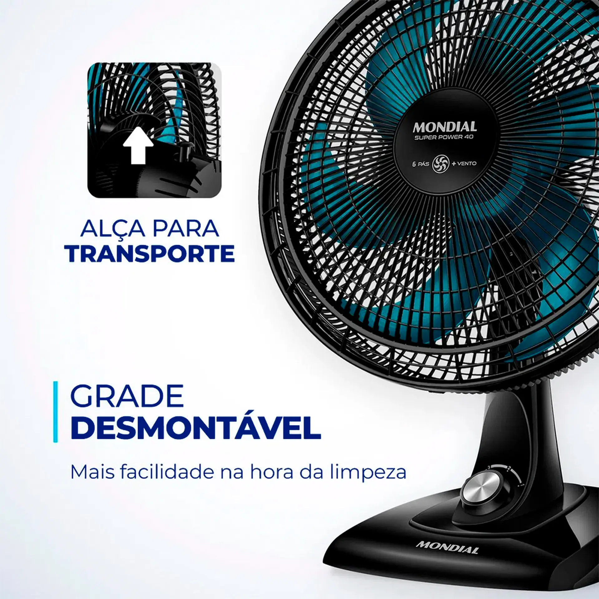 Ventilador de Mesa Mondial Super Power 40cm 6 Pás 3 Velocidades VSP-40-AP - Preto/Azul - 110 Volts