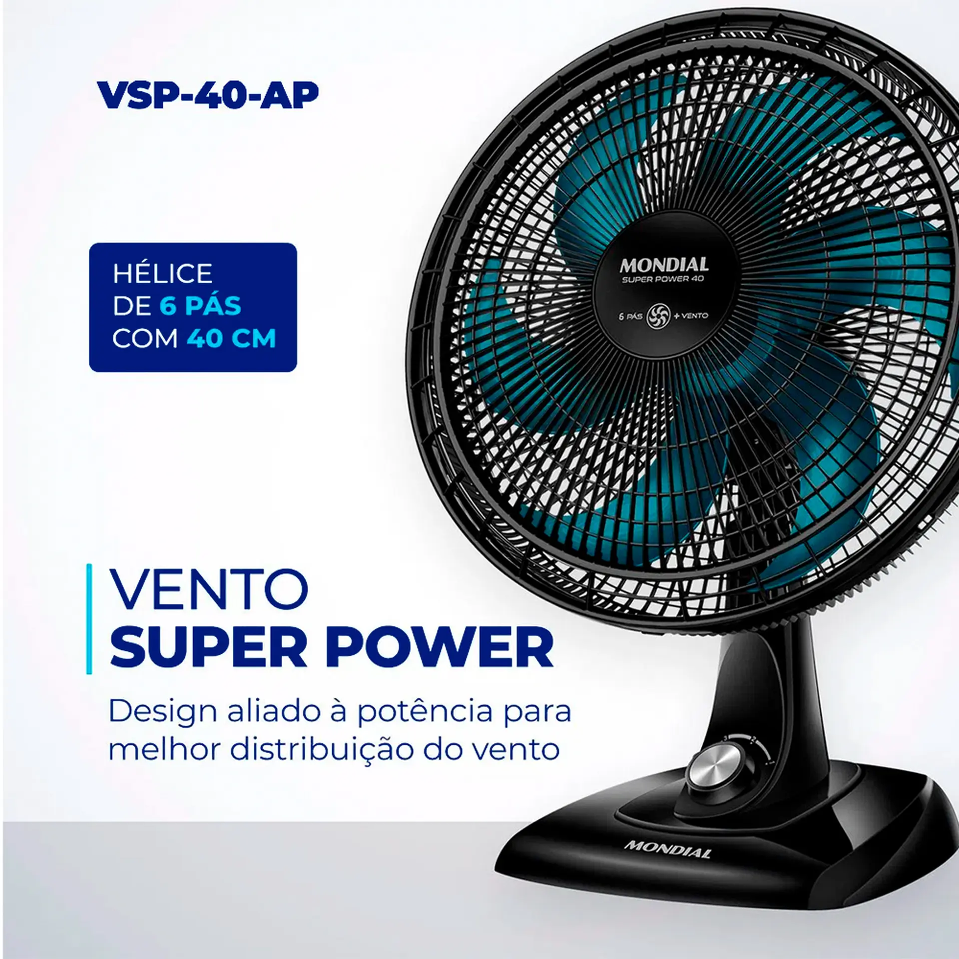 Ventilador de Mesa Mondial Super Power 40cm 6 Pás 3 Velocidades VSP-40-AP - Preto/Azul - 110 Volts
