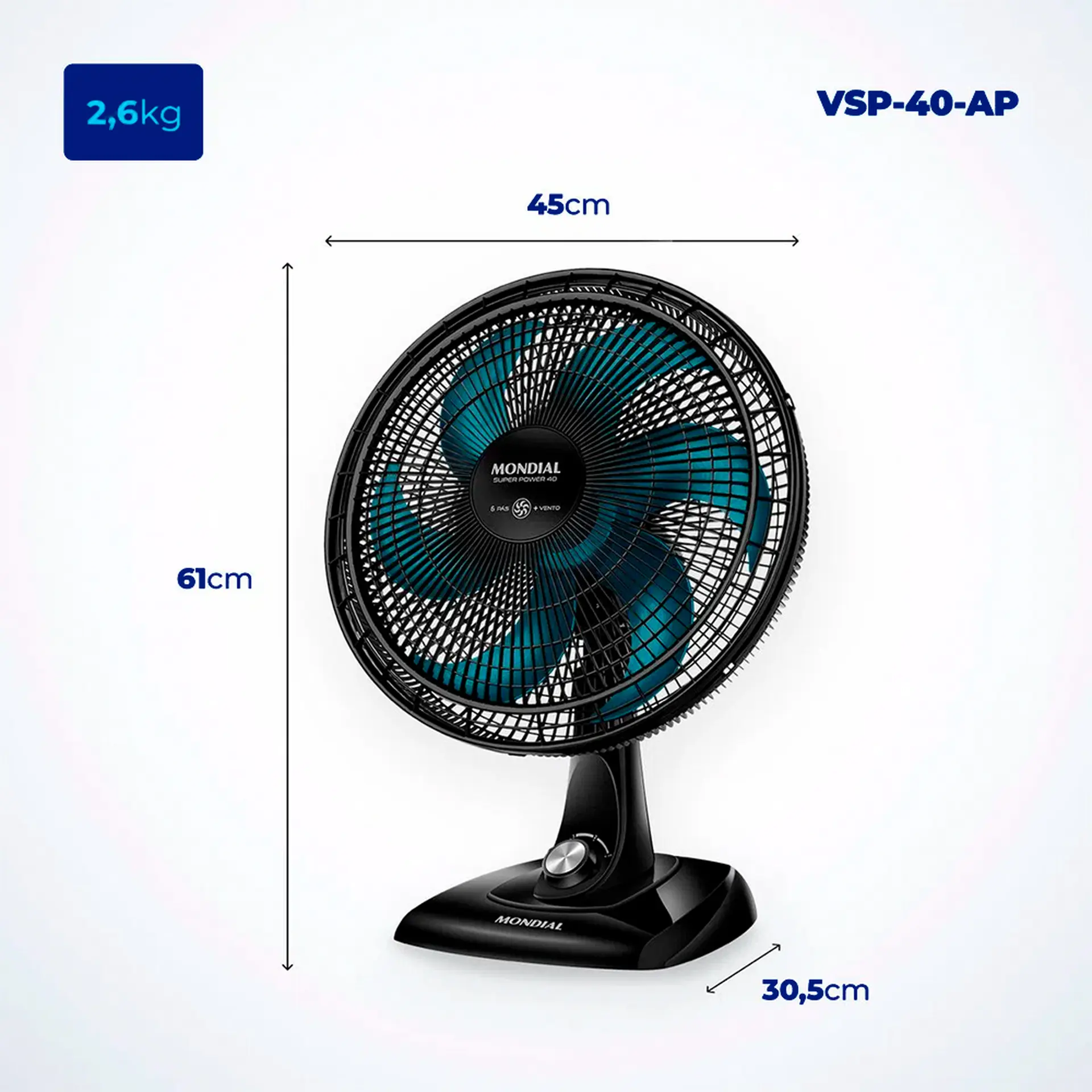 Ventilador de Mesa Mondial Super Power 40cm 6 Pás 3 Velocidades VSP-40-AP - Preto/Azul - 110 Volts