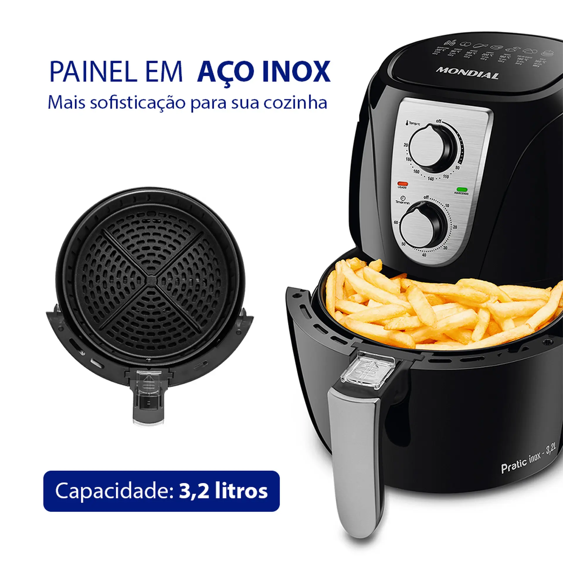 Fritadeira Elétrica Air Fryer Mondial Pratic AF-34 3,2L 1200W com Timer - Preto - 220 Volts