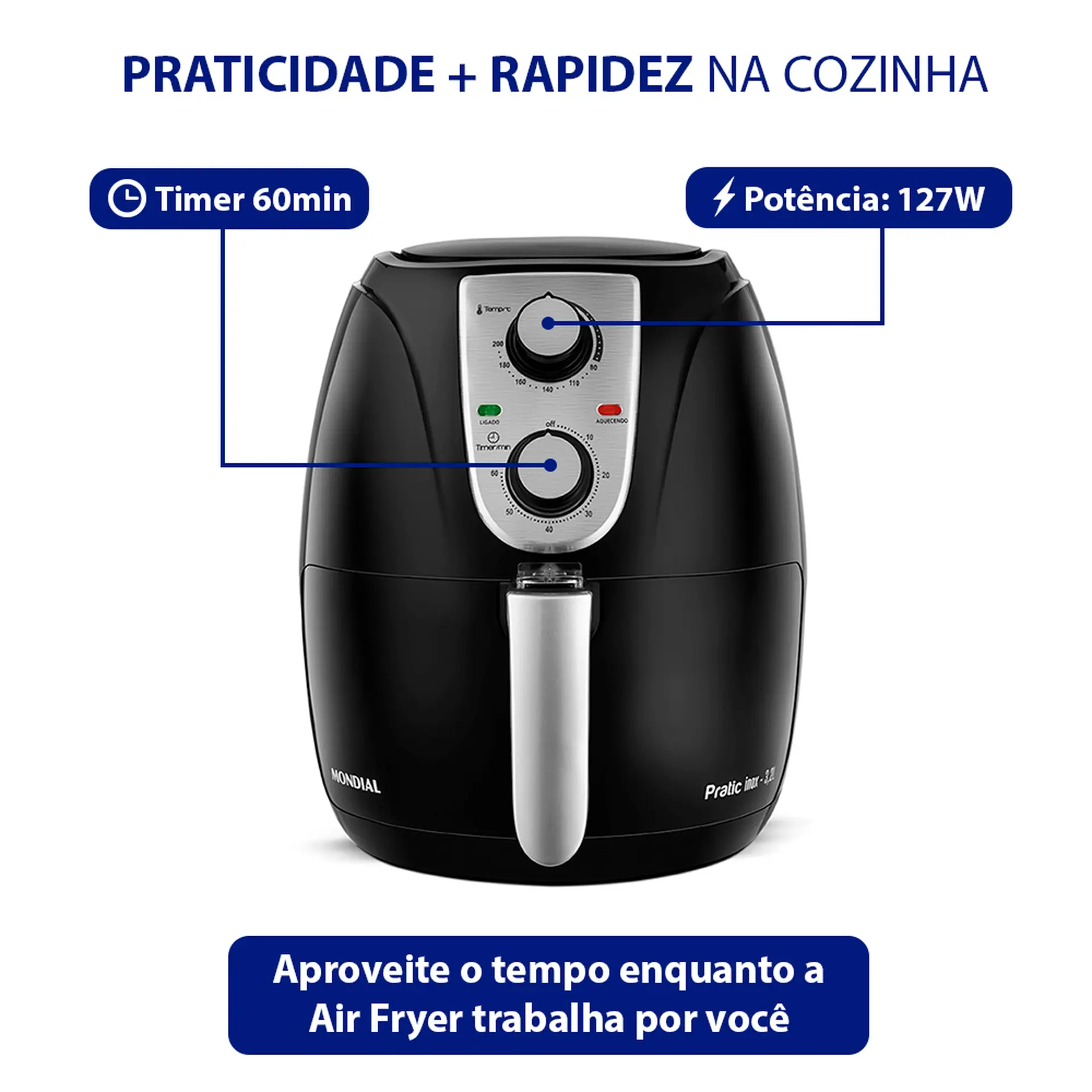 Fritadeira Elétrica Air Fryer Mondial Pratic AF-34 3,2L 1200W com Timer - Preto - 220 Volts