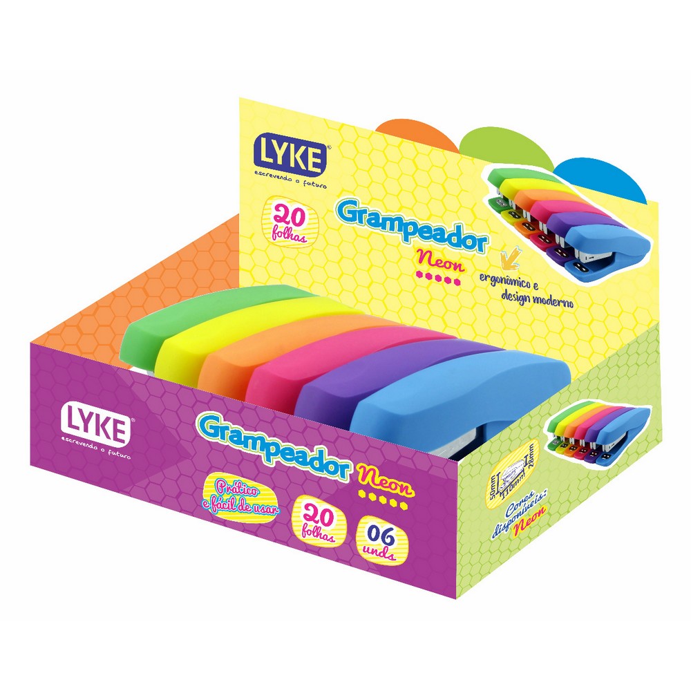Grampeador Lyke Corpo Plástico Resistente e Textura Emborrachada para 20 Folhas Neon Sortido