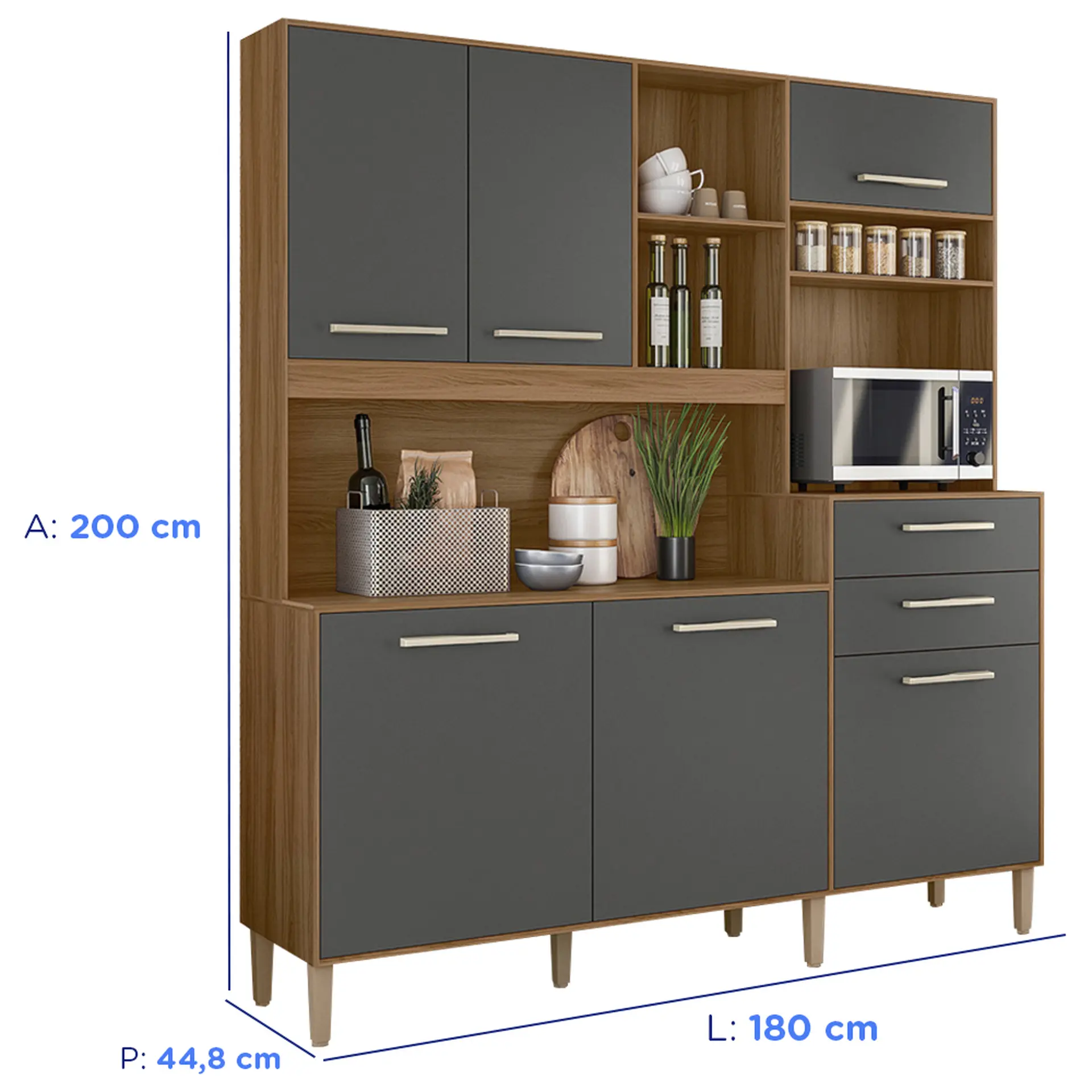 Cozinha Compacta 6 Portas 2 Gavetas MDP com Tampo Salsa Nicioli - Ipê/Chumbo