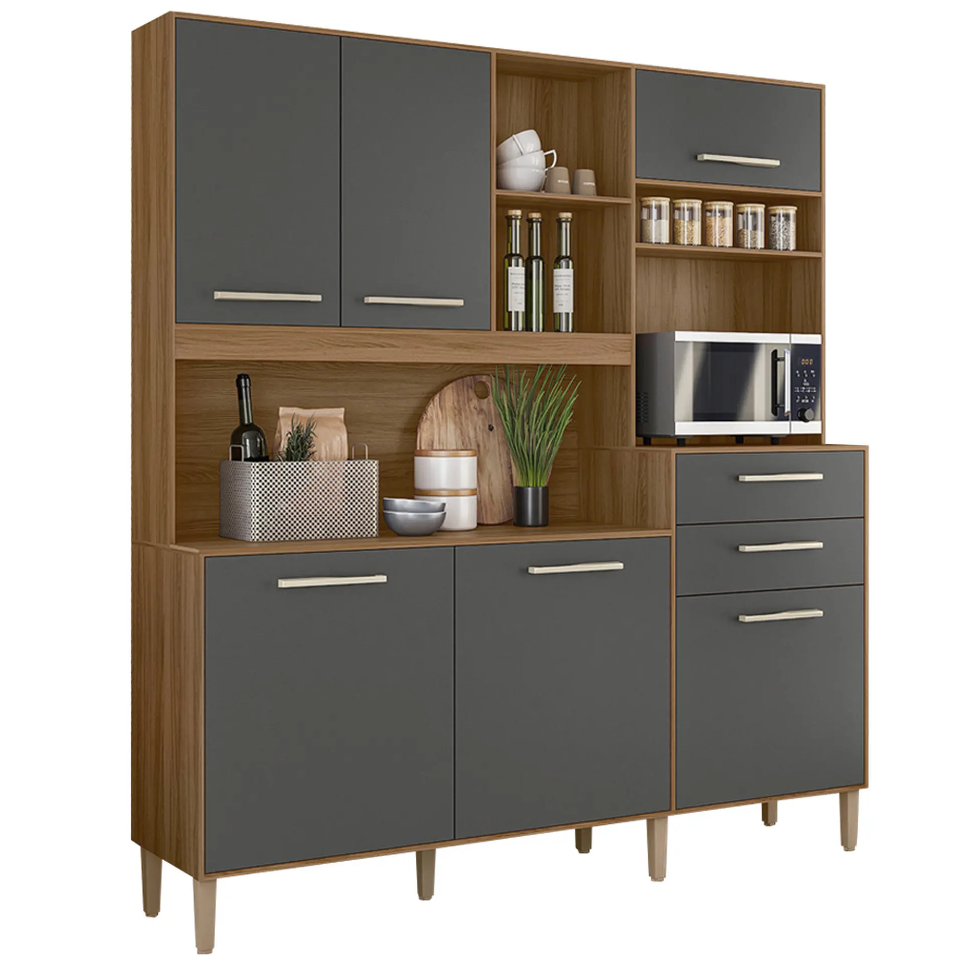 Cozinha Compacta 6 Portas 2 Gavetas MDP com Tampo Salsa Nicioli - Ipê/Chumbo