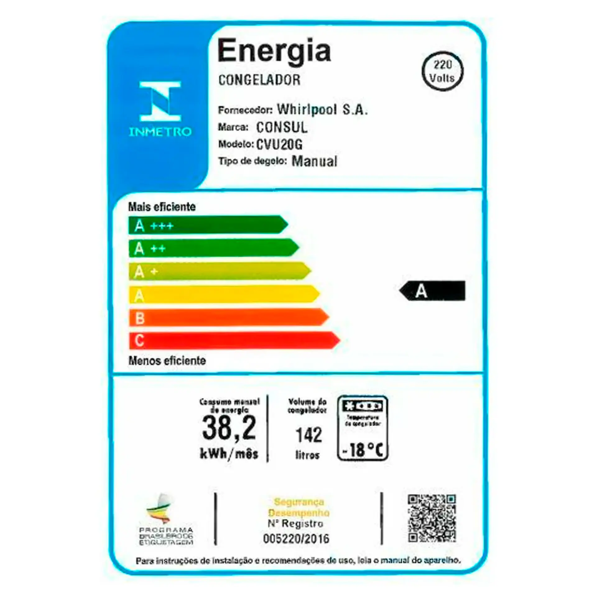 Freezer Consul 142L 1 Porta Vertical Degelo Manual CVU20GB - Branco - 220 Volts