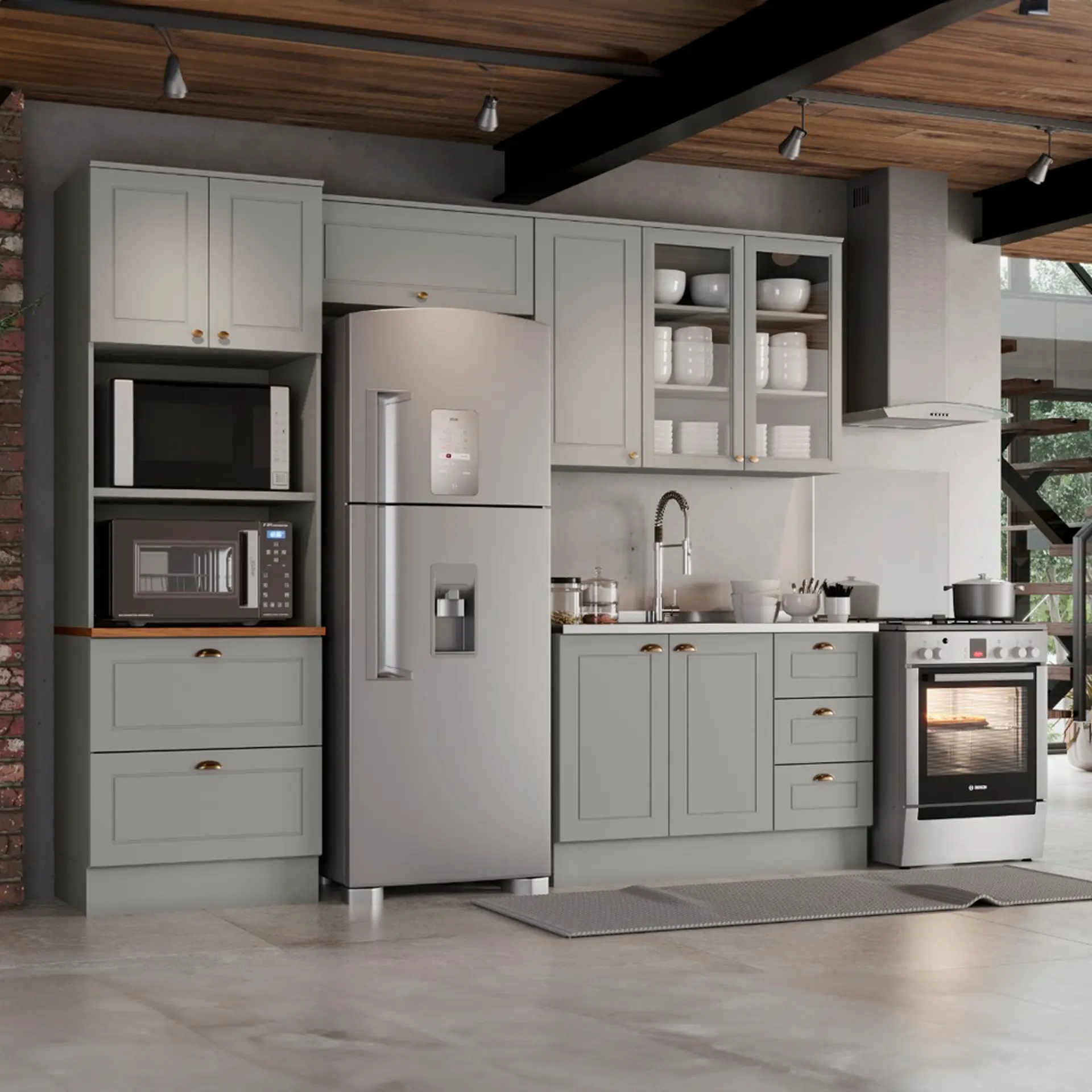 Cozinha Modulada 4 Peças 8 Portas 5 Gavetas Americana Henn - Cinza