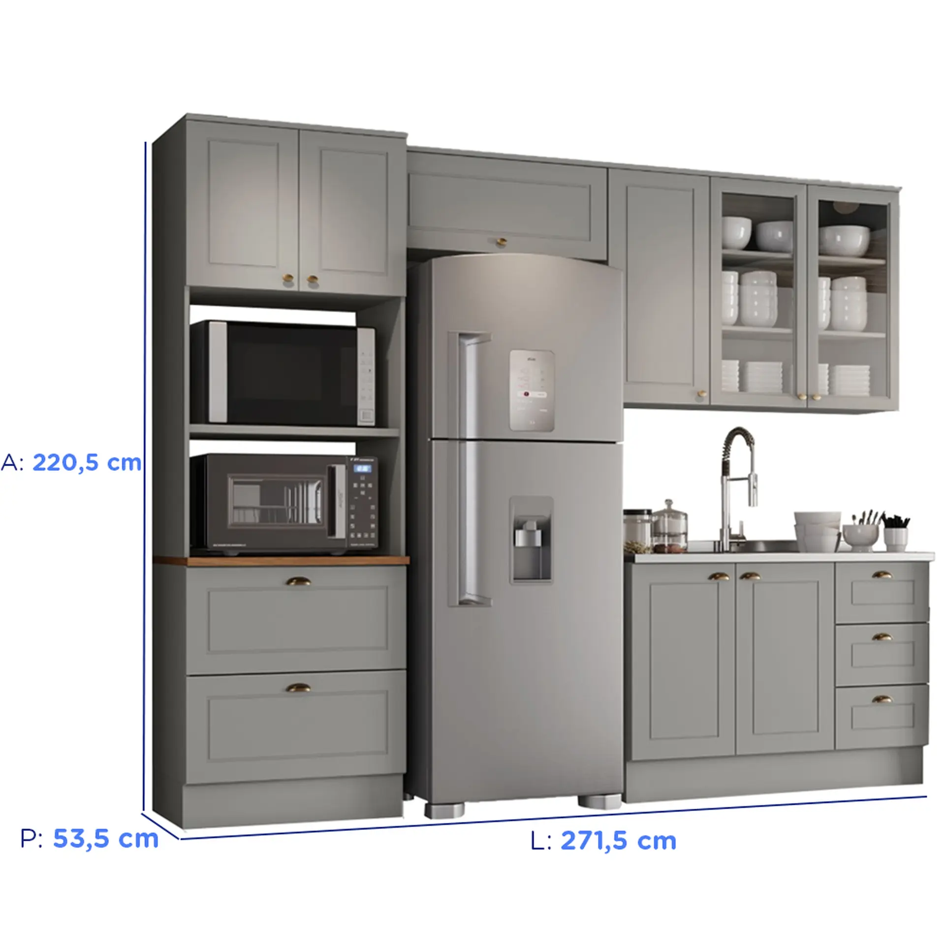 Cozinha Modulada 4 Peças 8 Portas 5 Gavetas Americana Henn - Cinza